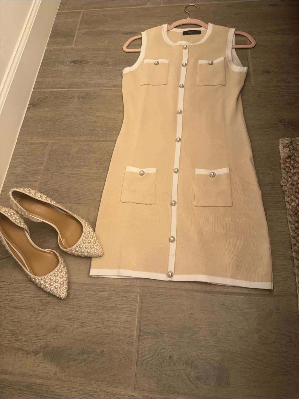 Zesica Beige Mini Knit Dress with White Trim